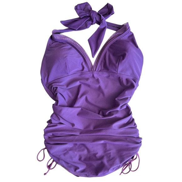 Always For Me Chic Swimsuit Womens 16W Purple Ruched Halter One Piece Plus‎ Size - Picture 1 of 11